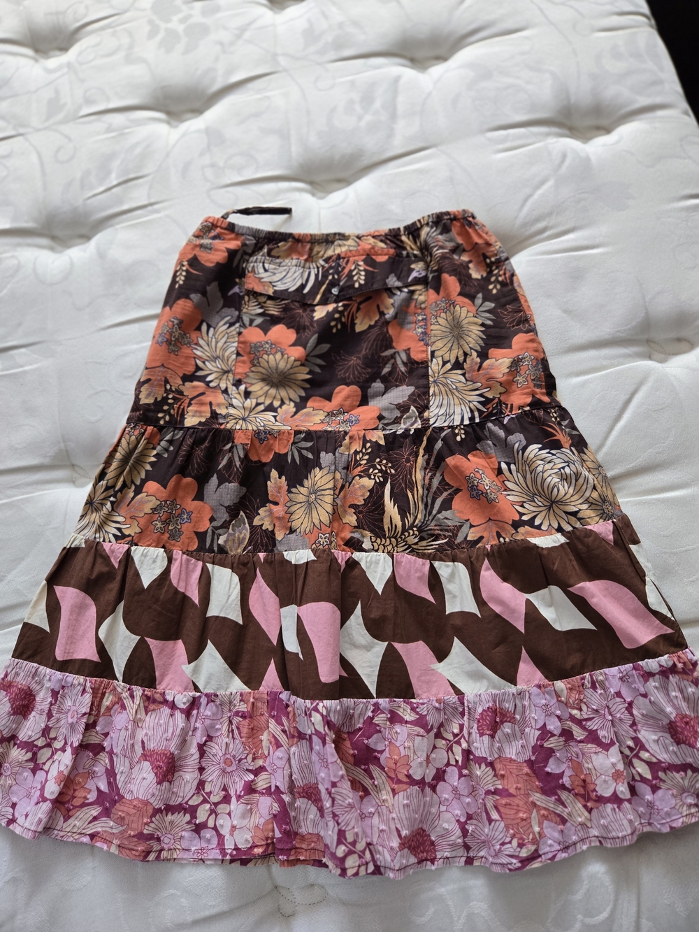 Custo Barcelona Floral Patchwork Tiered Skirt in Brown, Pink and Coral